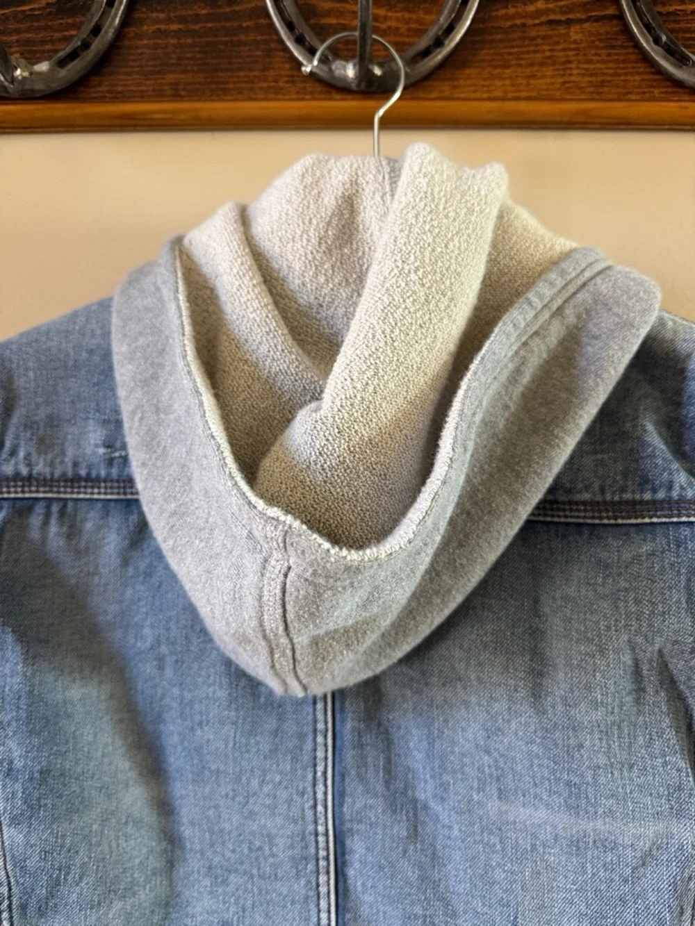 Free People Light Blue Distressed Denim Jacket with Heather Gray Hoodie - Picture 11 of 14
